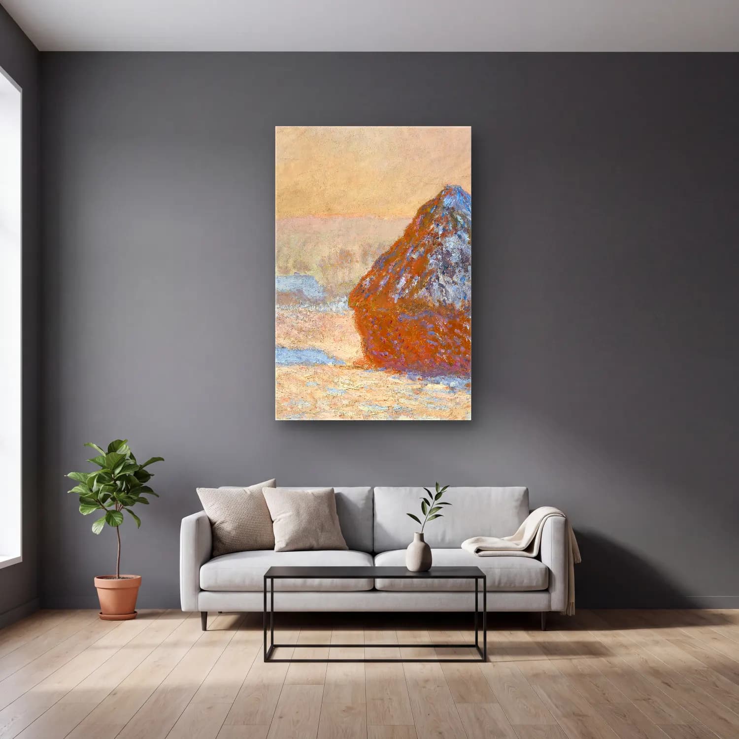 Claude Monet – Wheatstacks, Snow Effect, Morning cam tablo — gri duvarlı salonda