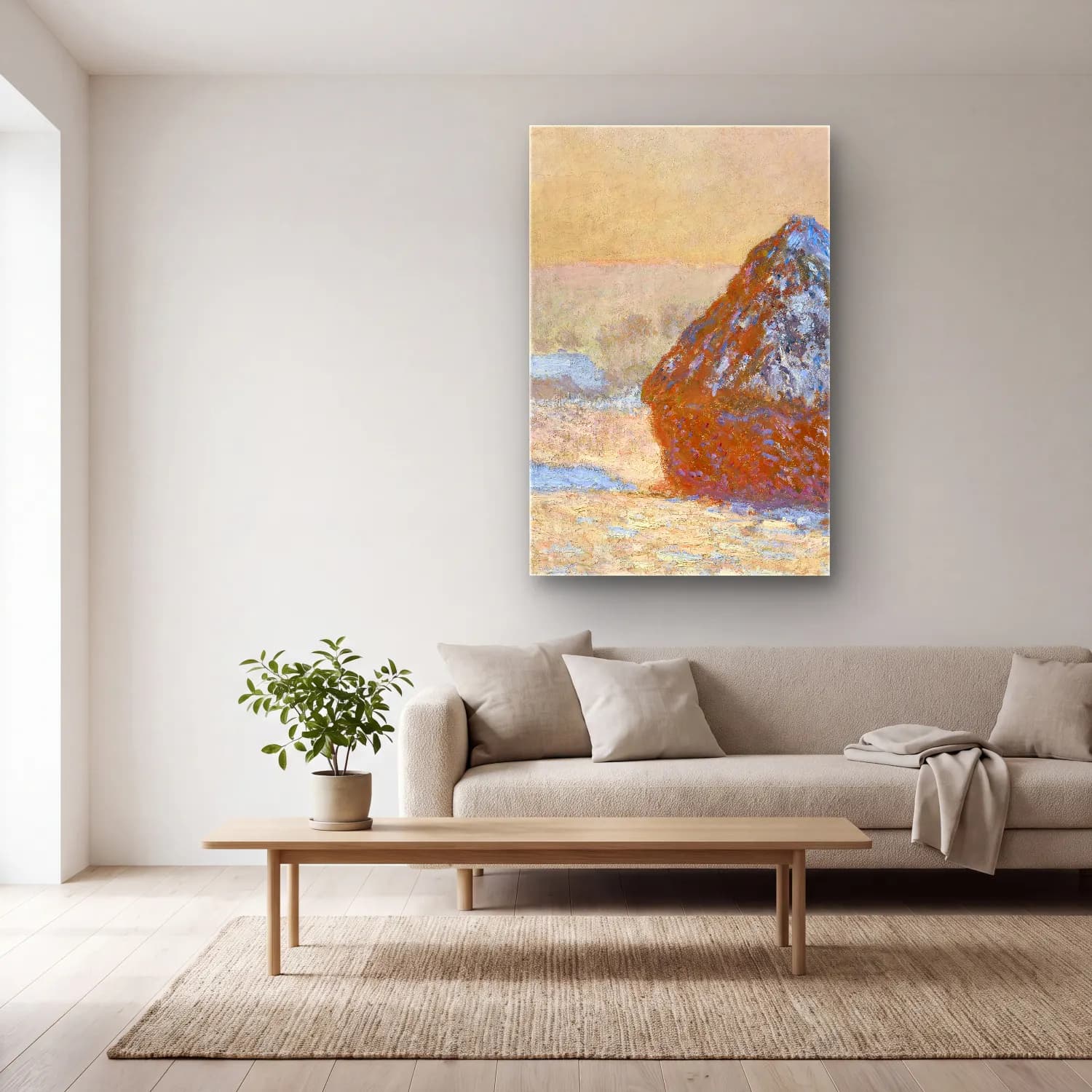 Claude Monet – Wheatstacks, Snow Effect, Morning cam tablo — açık renk salonda