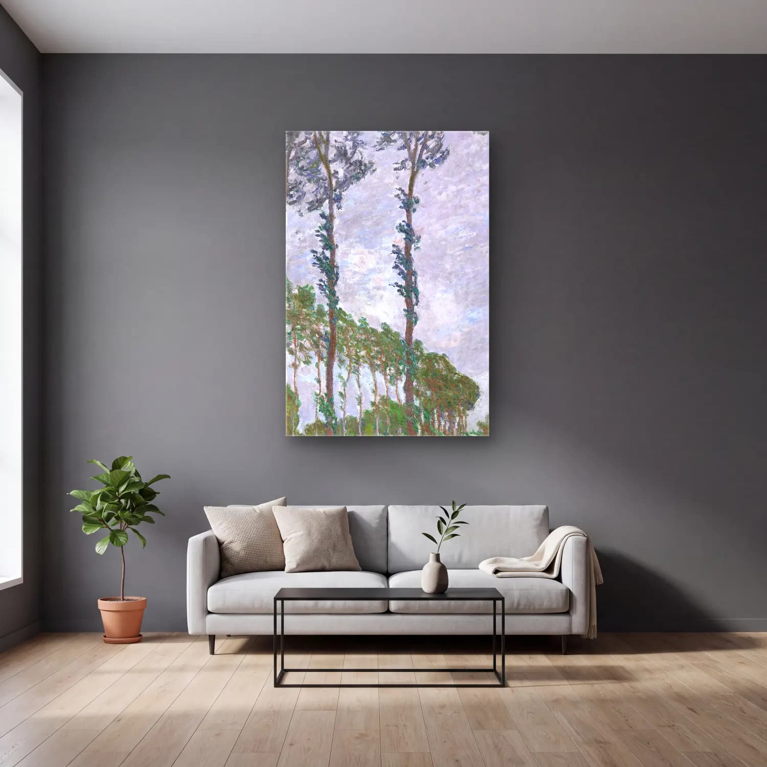 Claude Monet – Wind Effect, Series of The Poplars cam tablo — gri duvarlı salonda