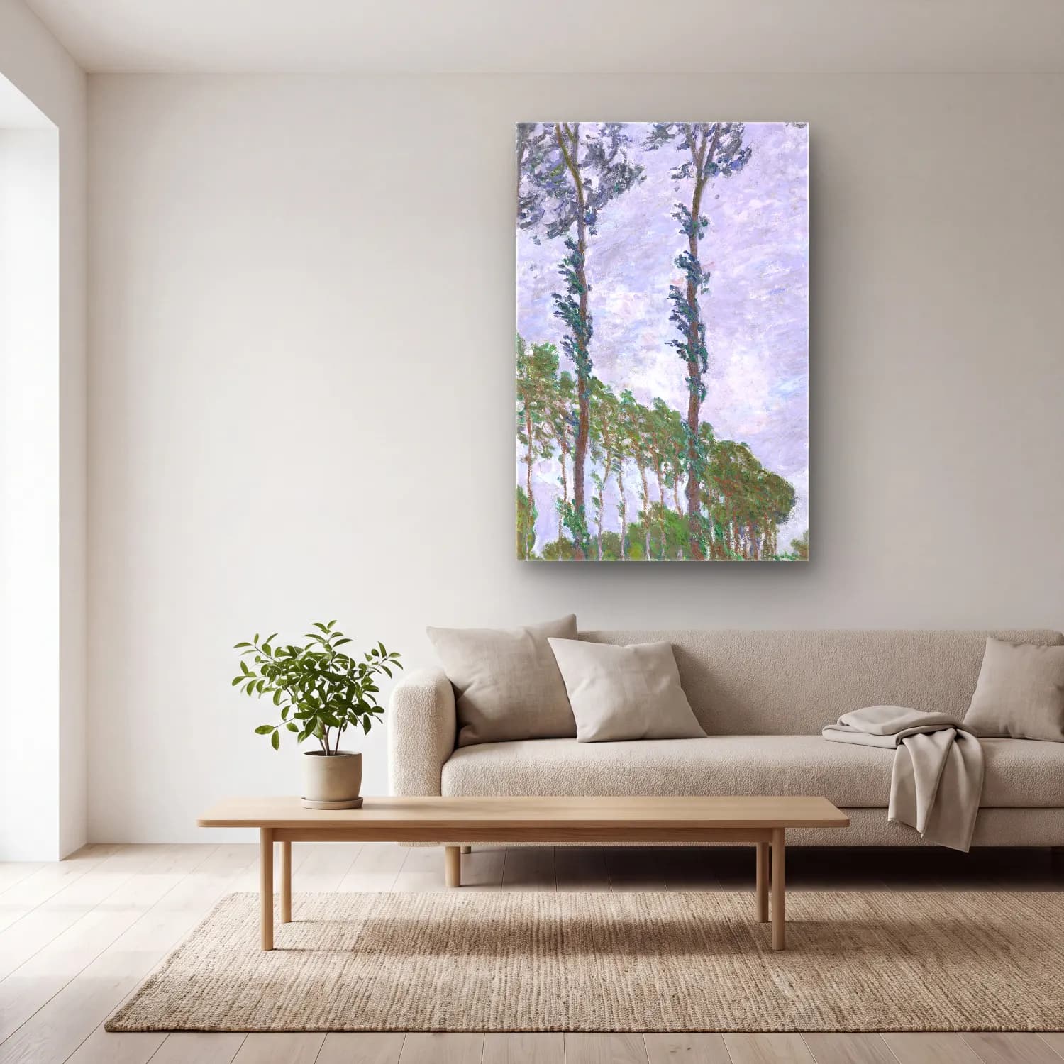 Claude Monet – Wind Effect, Series of The Poplars cam tablo — açık renk salonda