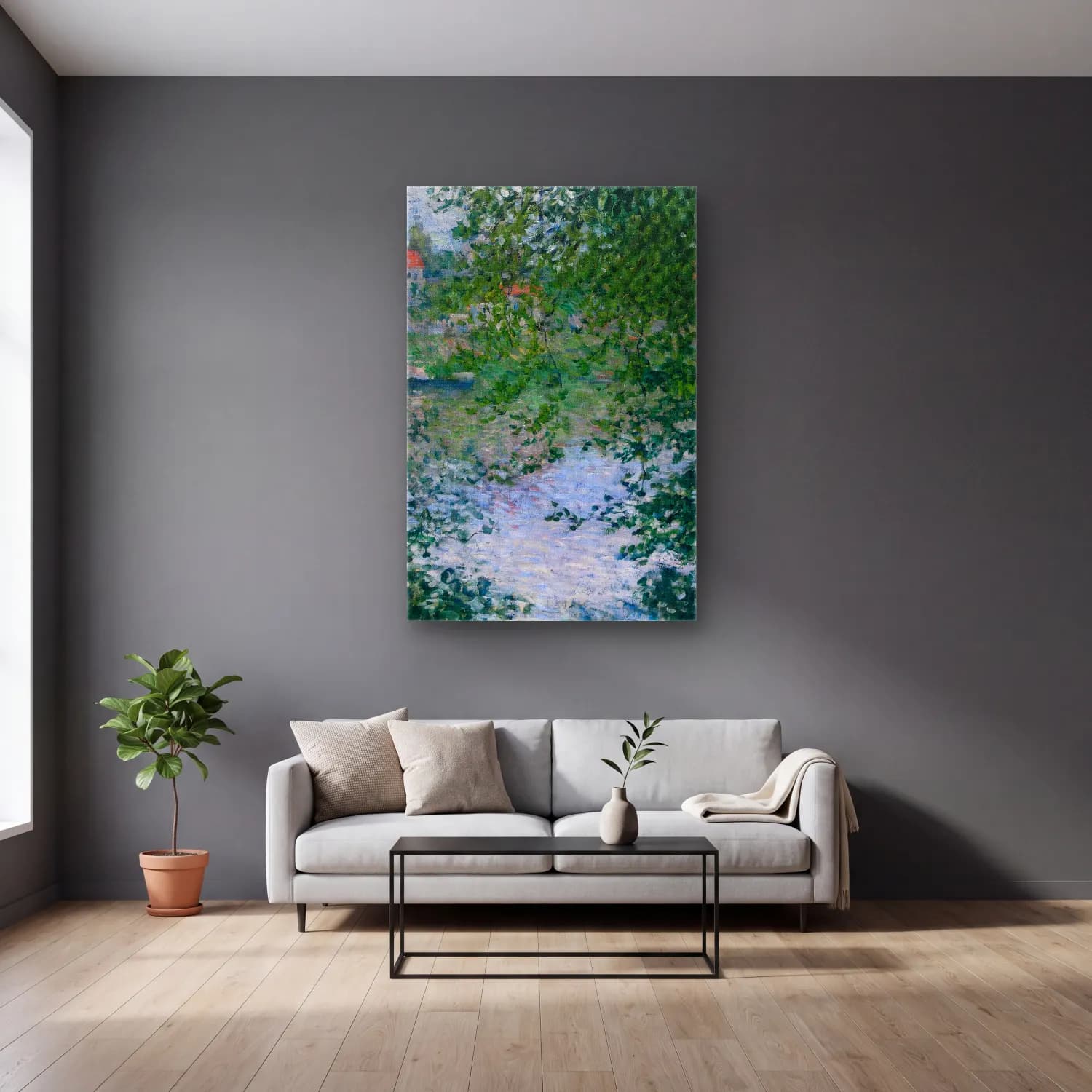 Claude Monet – À Travers Les Arbres, Île De La Grande Jatte cam tablo — gri duvarlı salonda