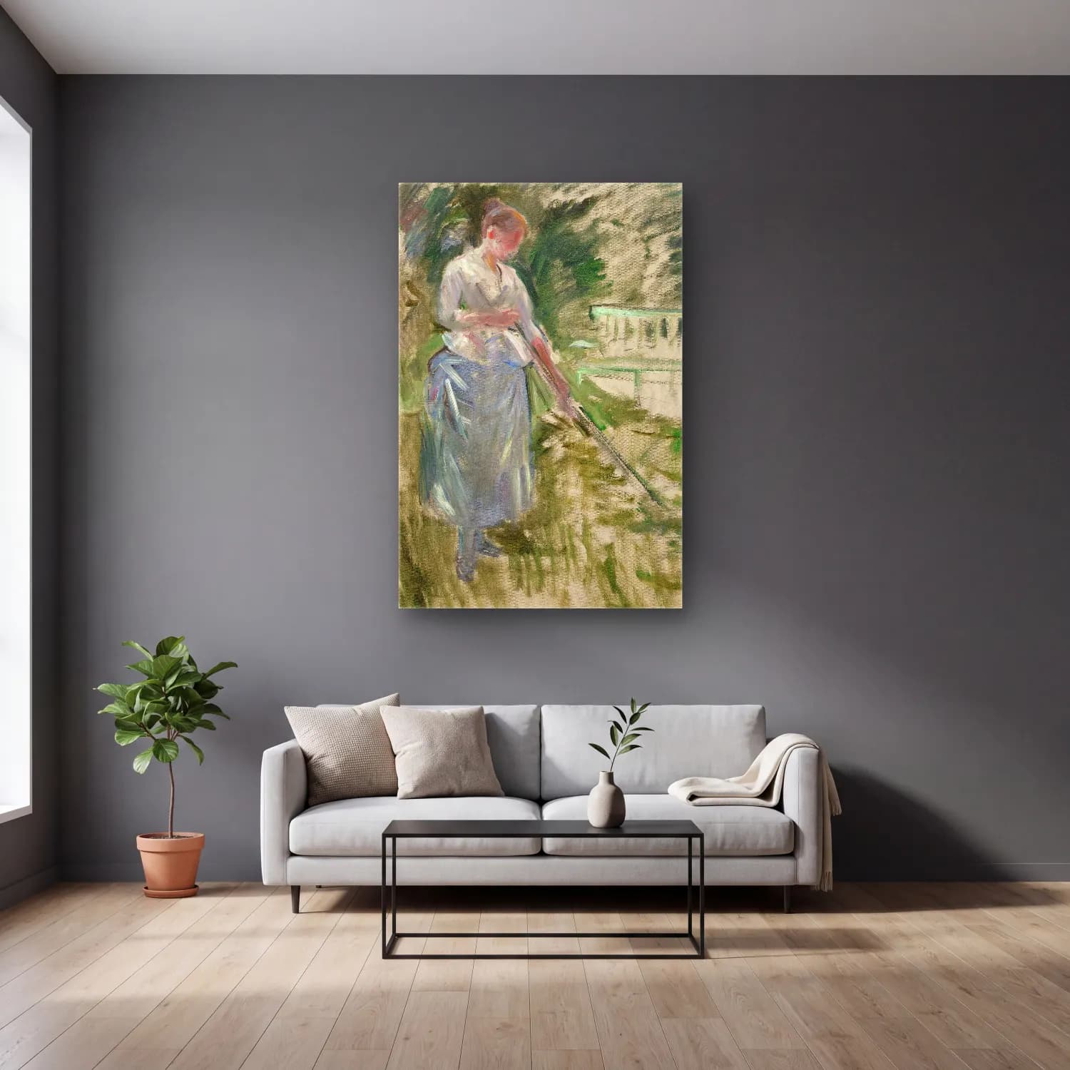 Berthe Morisot – Faneuse cam tablo — gri duvarlı salonda