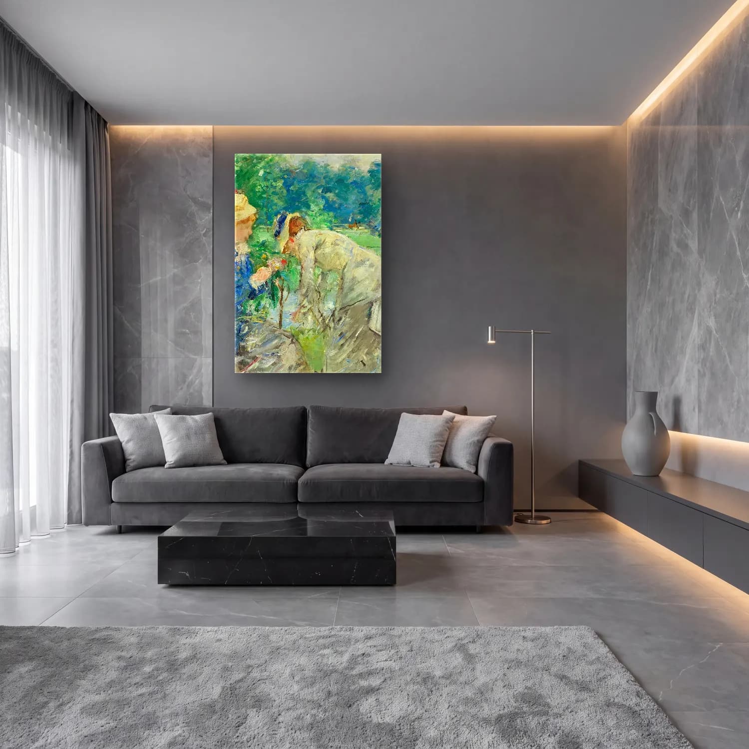 Berthe Morisot – In the Bois de Boulogne cam tablo — lüks salon duvarında