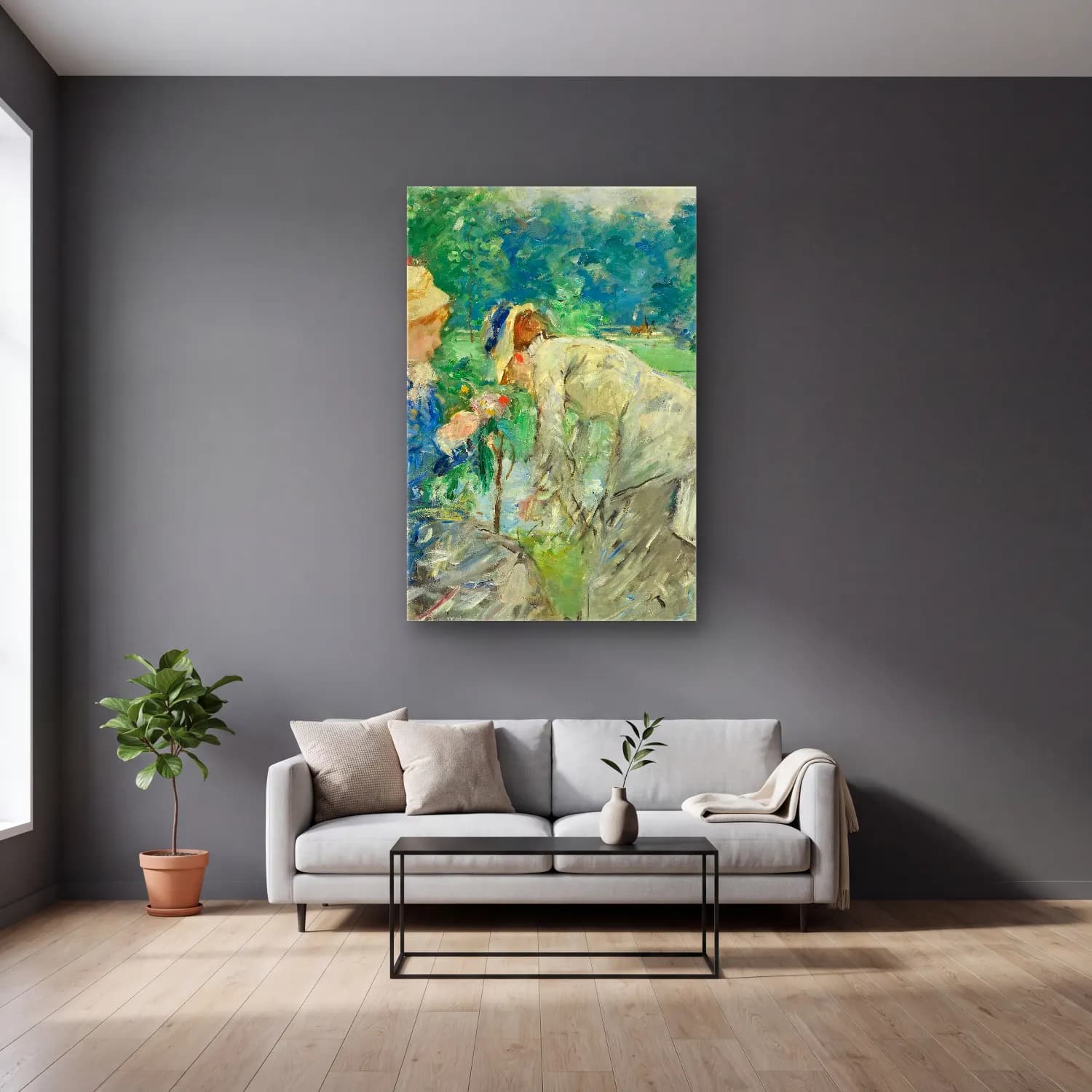 Berthe Morisot – In the Bois de Boulogne cam tablo — gri duvarlı salonda