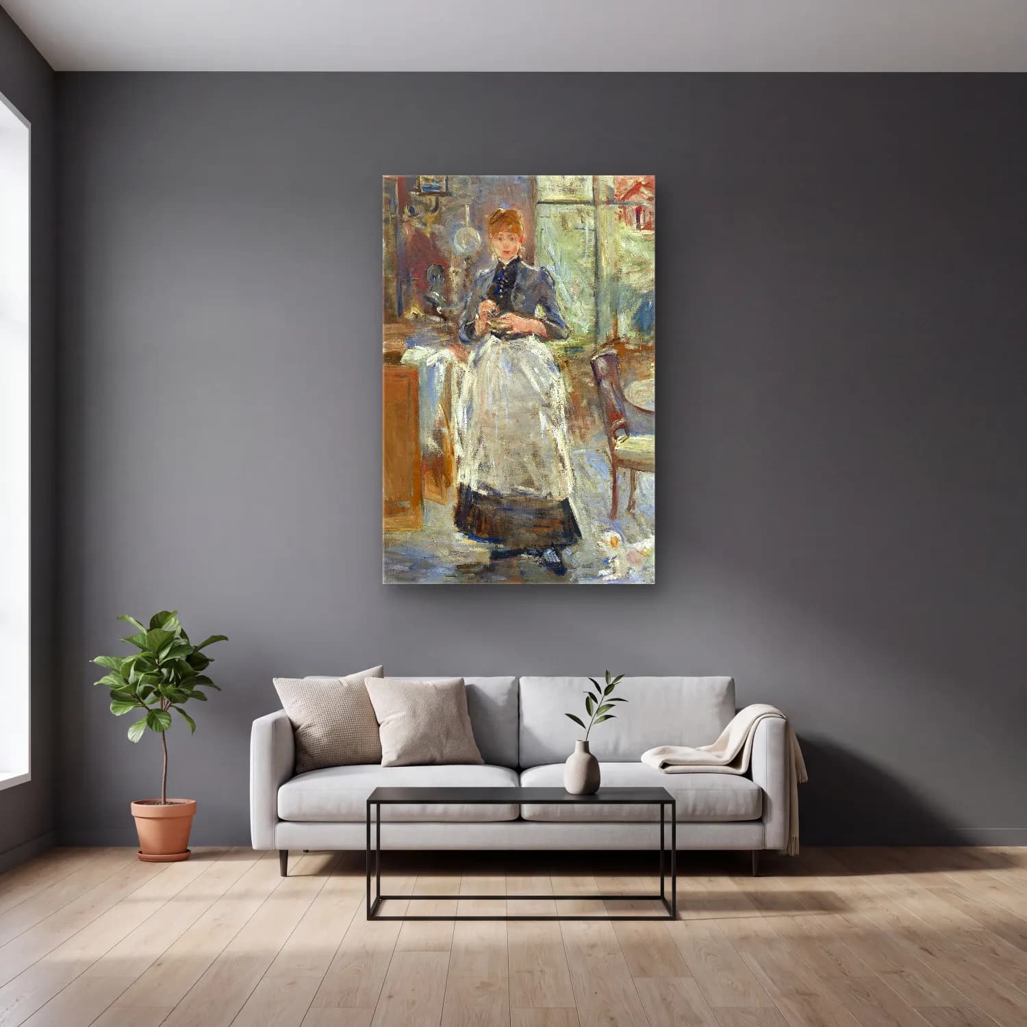Berthe Morisot – In the Dining Room cam tablo — gri duvarlı salonda