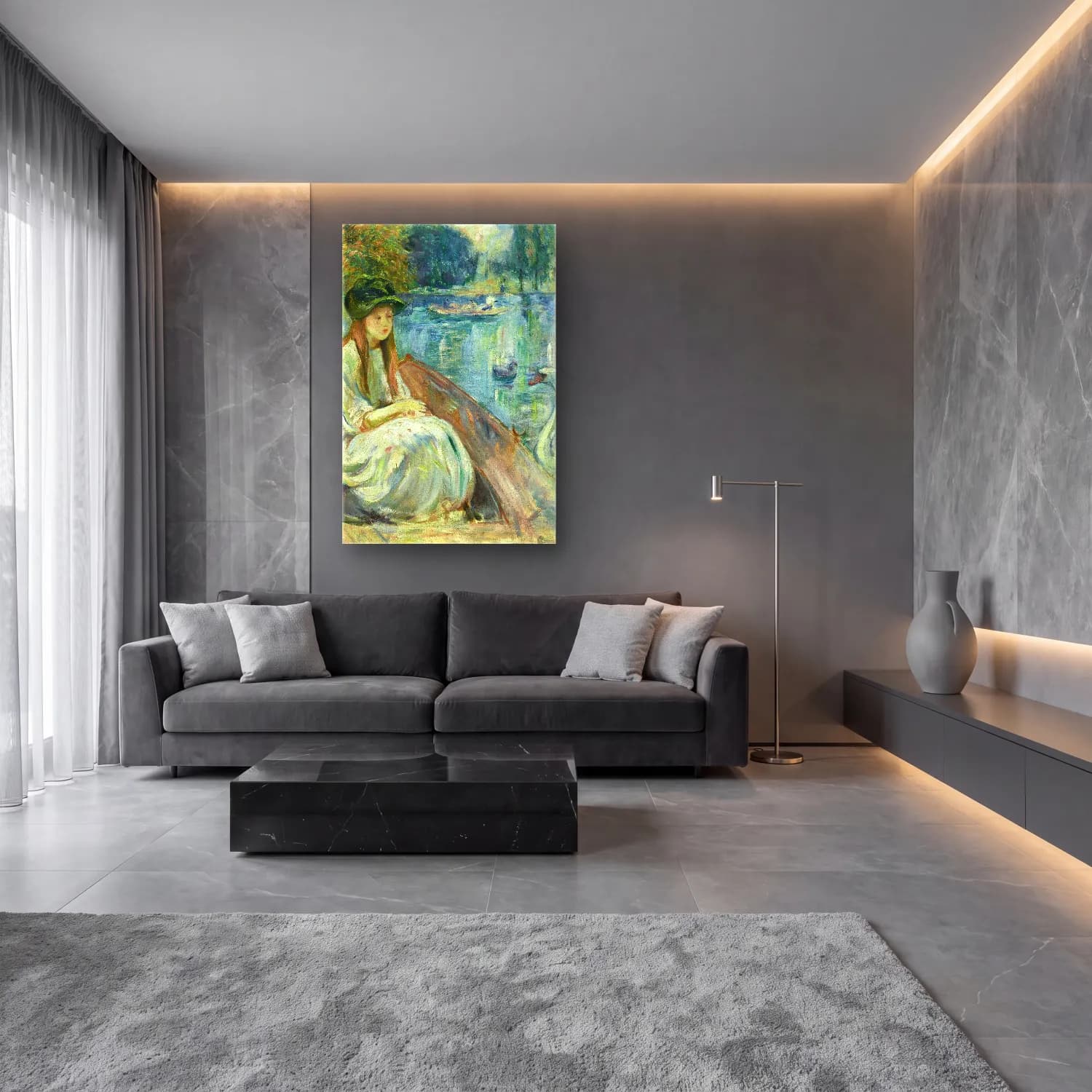 Berthe Morisot – Jeanne Fourmanoir sur le lac cam tablo — lüks salon duvarında