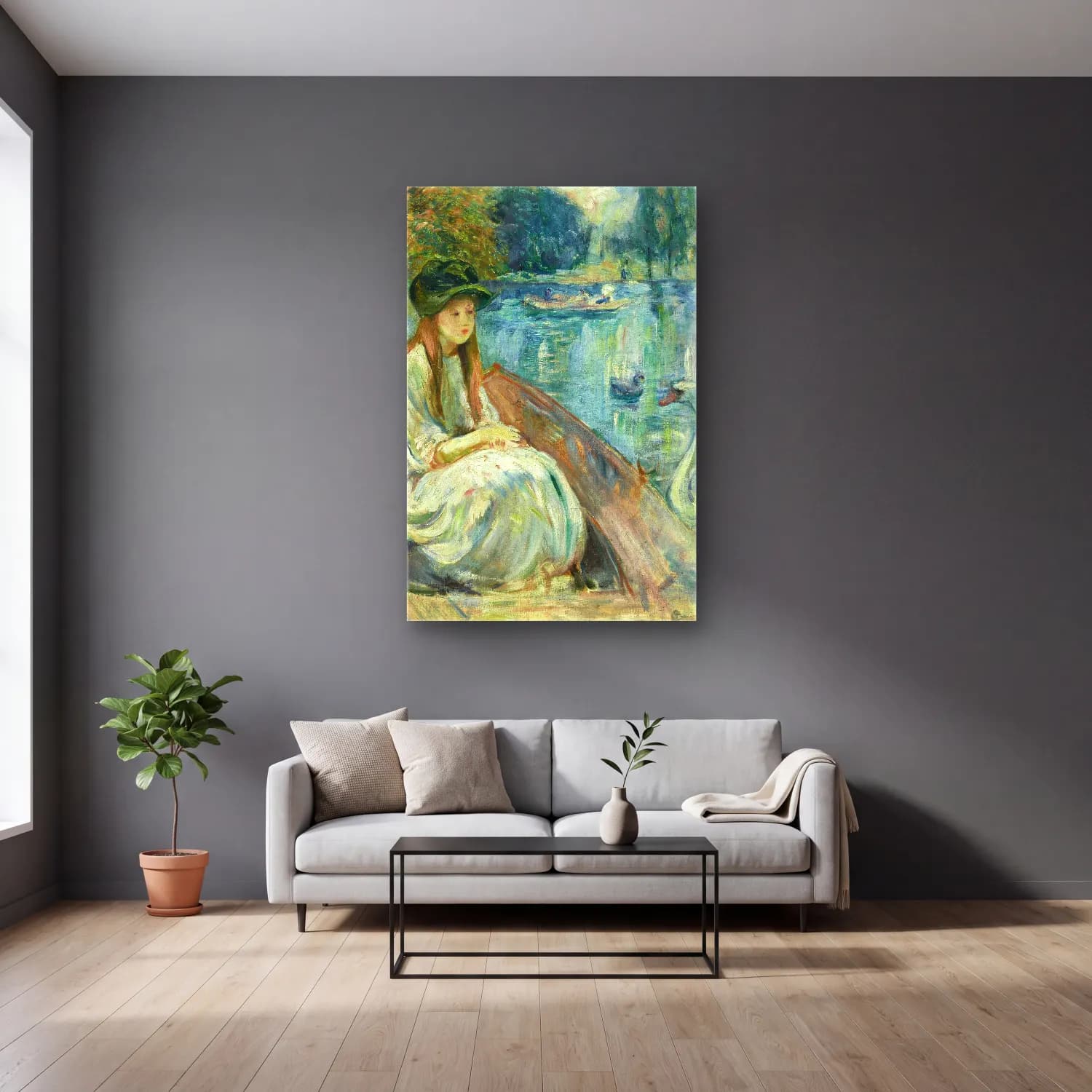Berthe Morisot – Jeanne Fourmanoir sur le lac cam tablo — gri duvarlı salonda