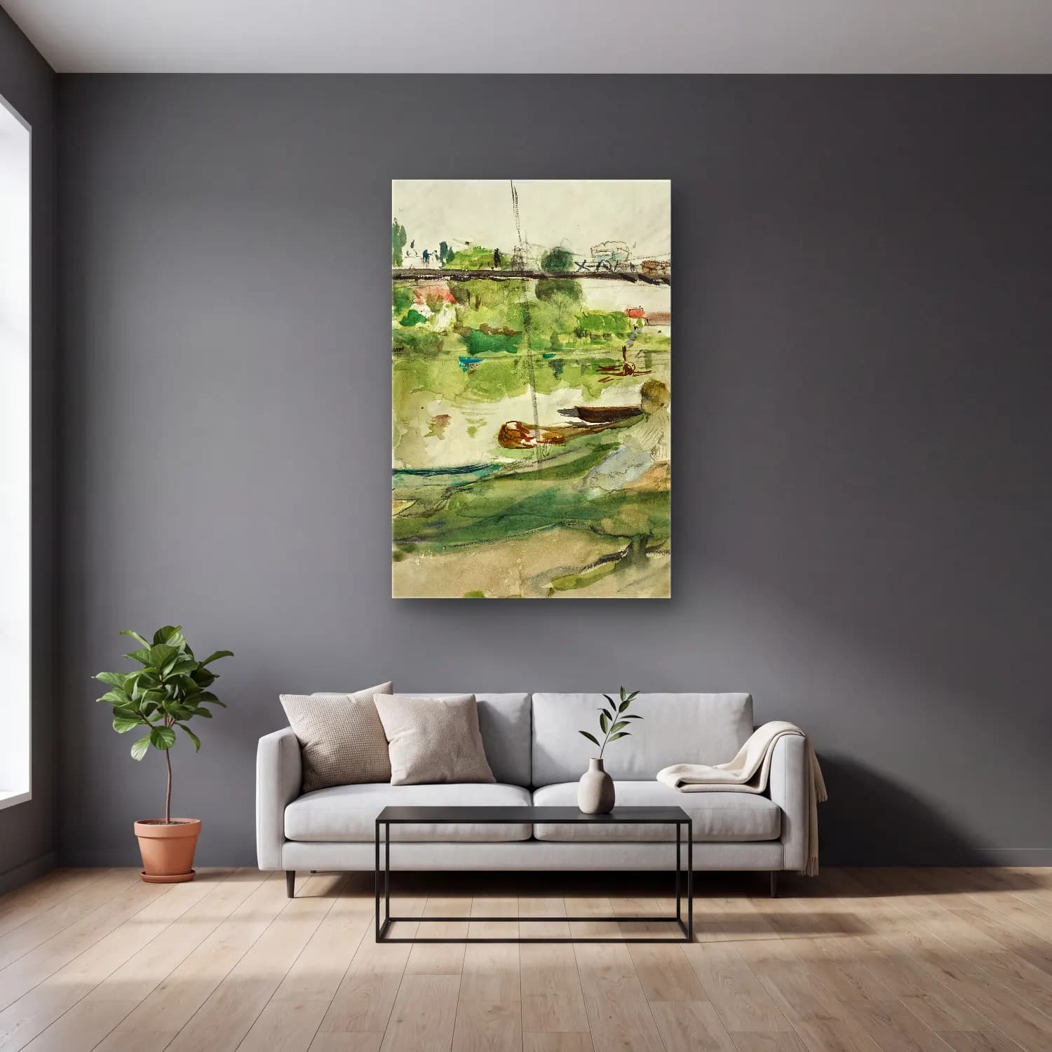 Berthe Morisot – Le pont sur l’Oise cam tablo — gri duvarlı salonda