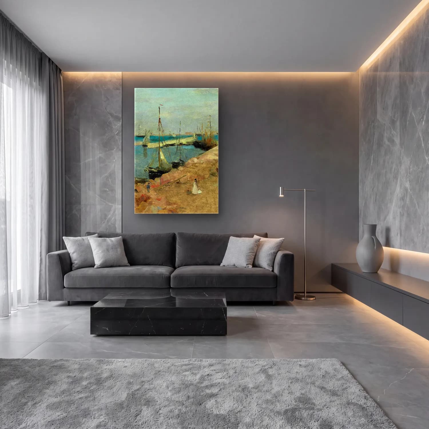 Berthe Morisot – The Harbor at Cherbourg cam tablo — lüks salon duvarında