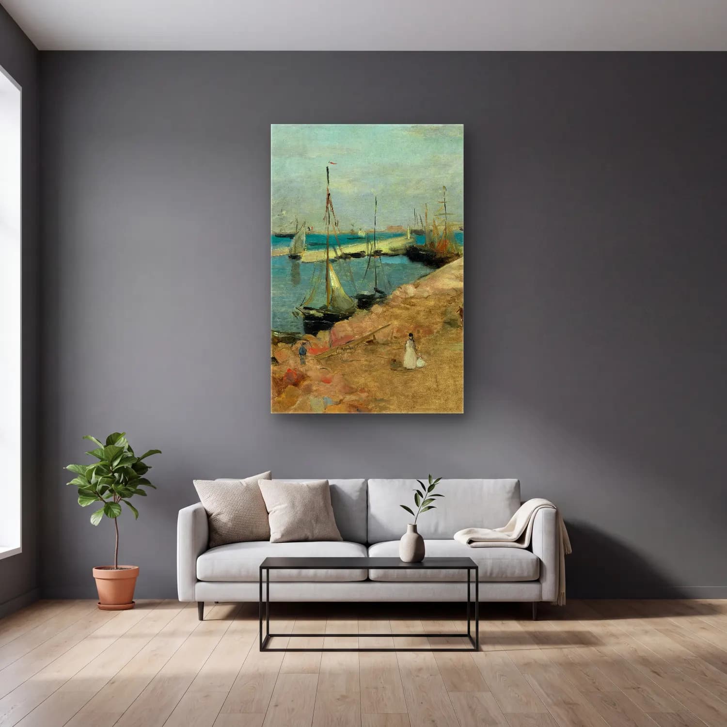 Berthe Morisot – The Harbor at Cherbourg cam tablo — gri duvarlı salonda
