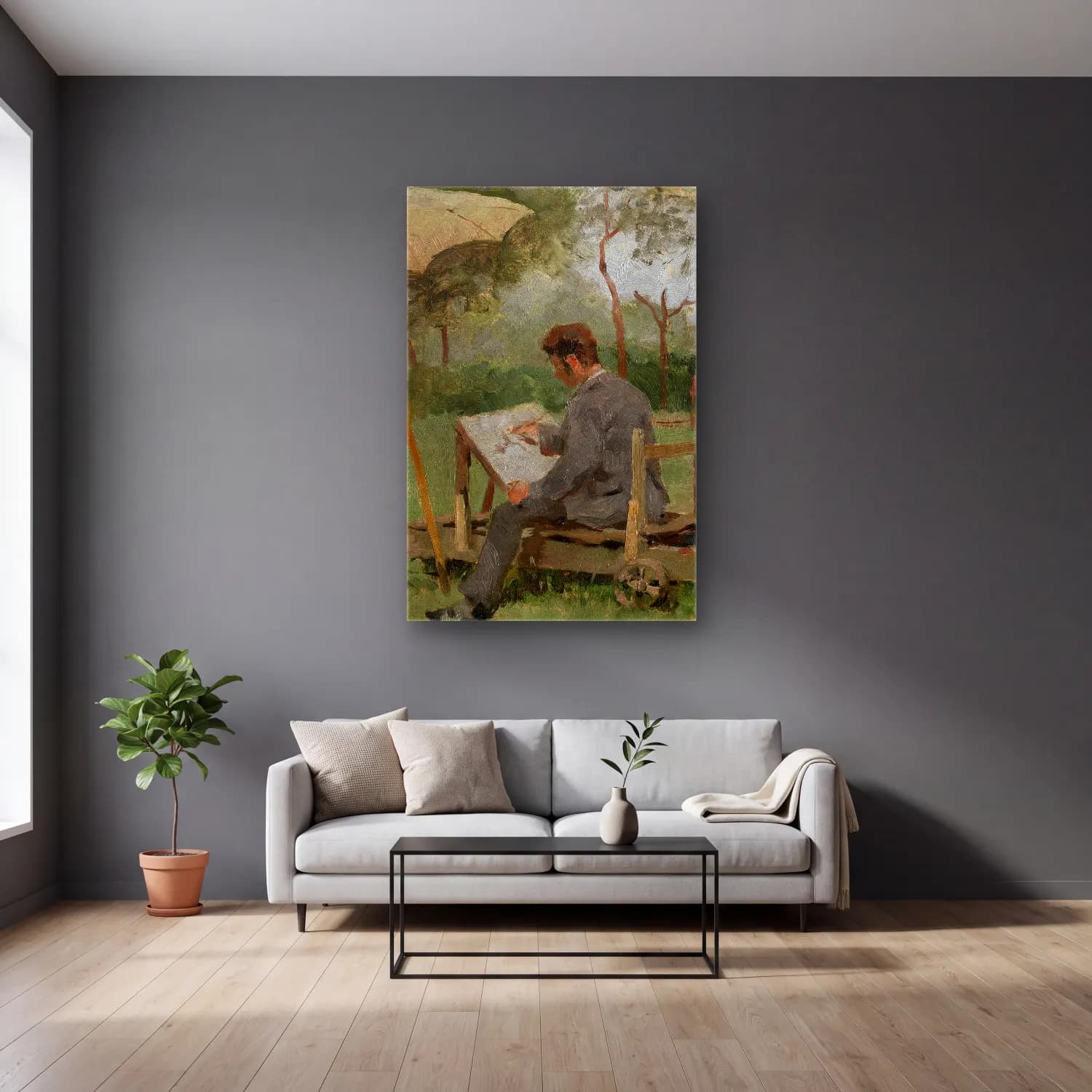 Theo van Rysselberghe – Armand Heins Painting Outdoors cam tablo — gri duvarlı salonda