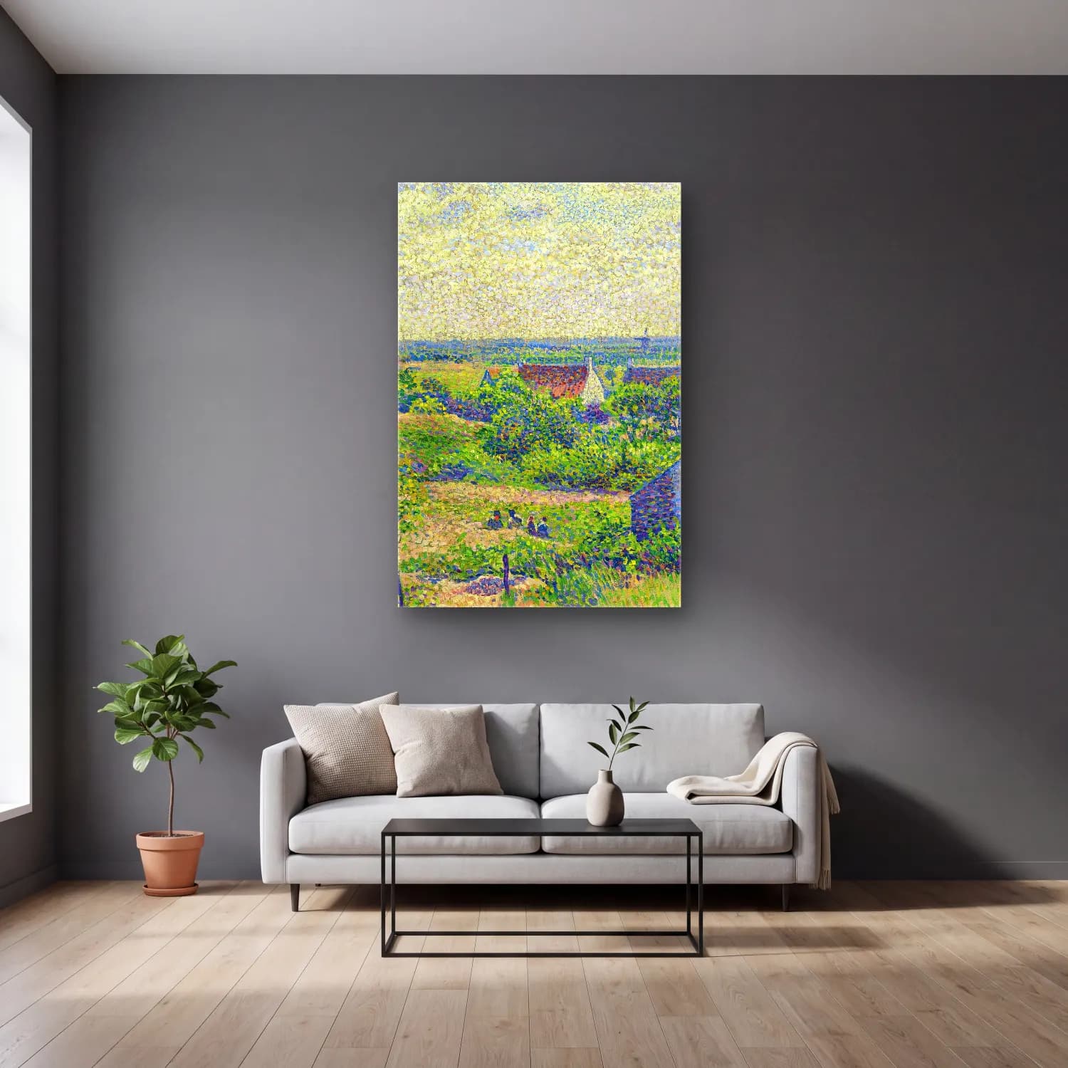 Theo van Rysselberghe – Paysage Avec Maisons cam tablo — gri duvarlı salonda