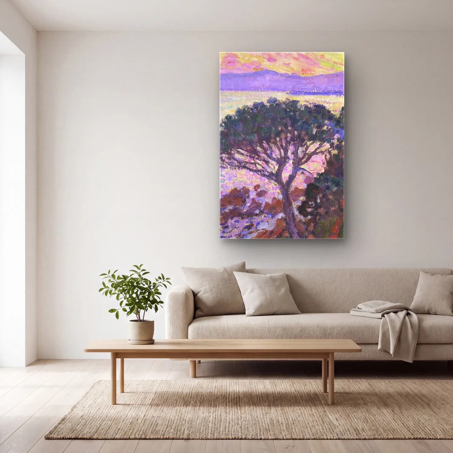 Theo van Rysselberghe – Pine-Tree near the Mediterranean Sea at Sunset cam tablo — açık renk salonda