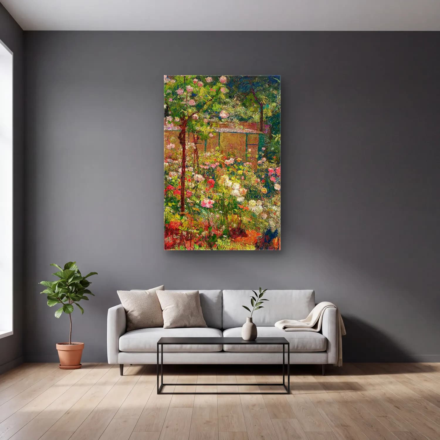 Robert William Vonnoh – Jardin en Fleurs (circa 1890) – Pastel Tonlar cam tablo — gri duvarlı salonda