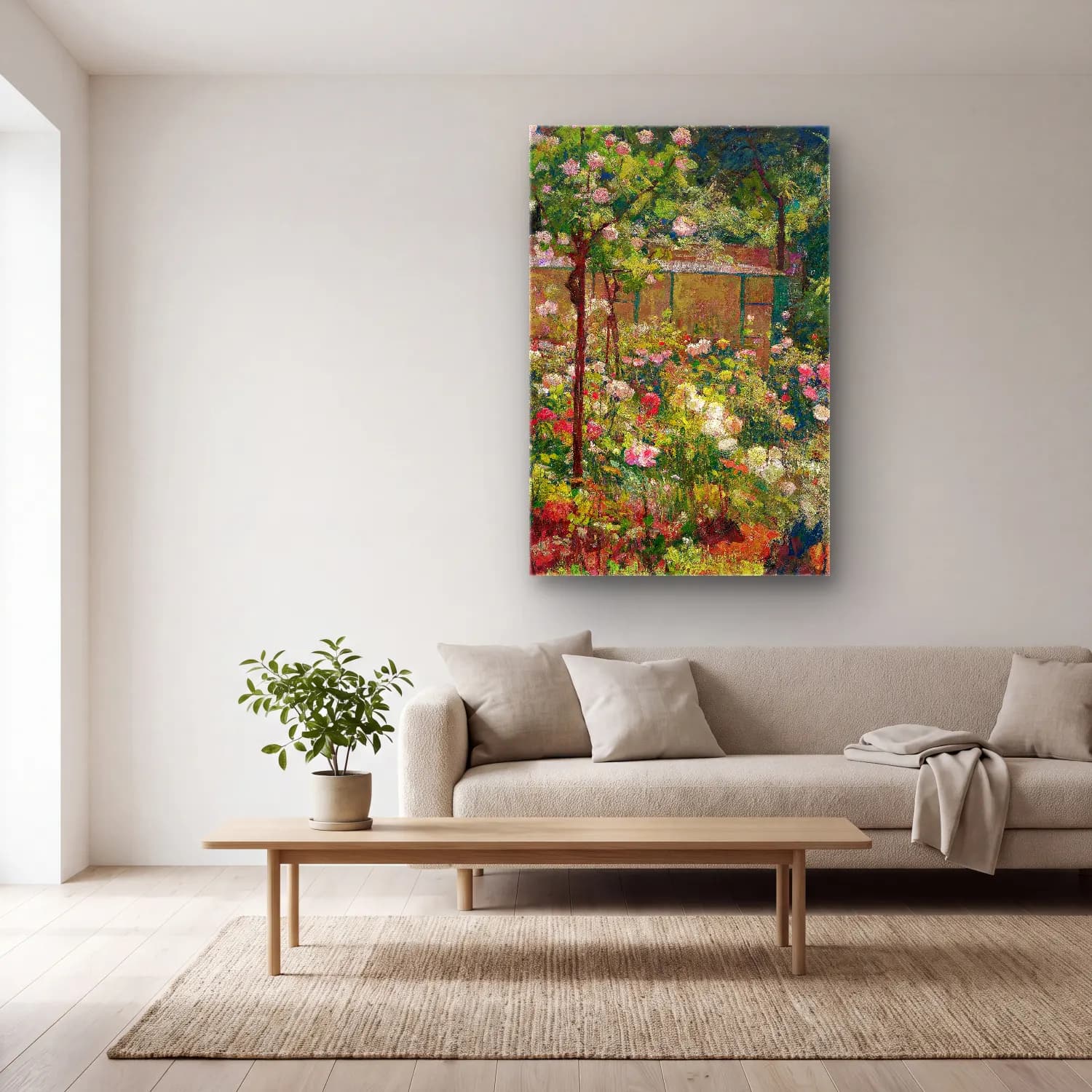 Robert William Vonnoh – Jardin en Fleurs (circa 1890) – Pastel Tonlar cam tablo — açık renk salonda