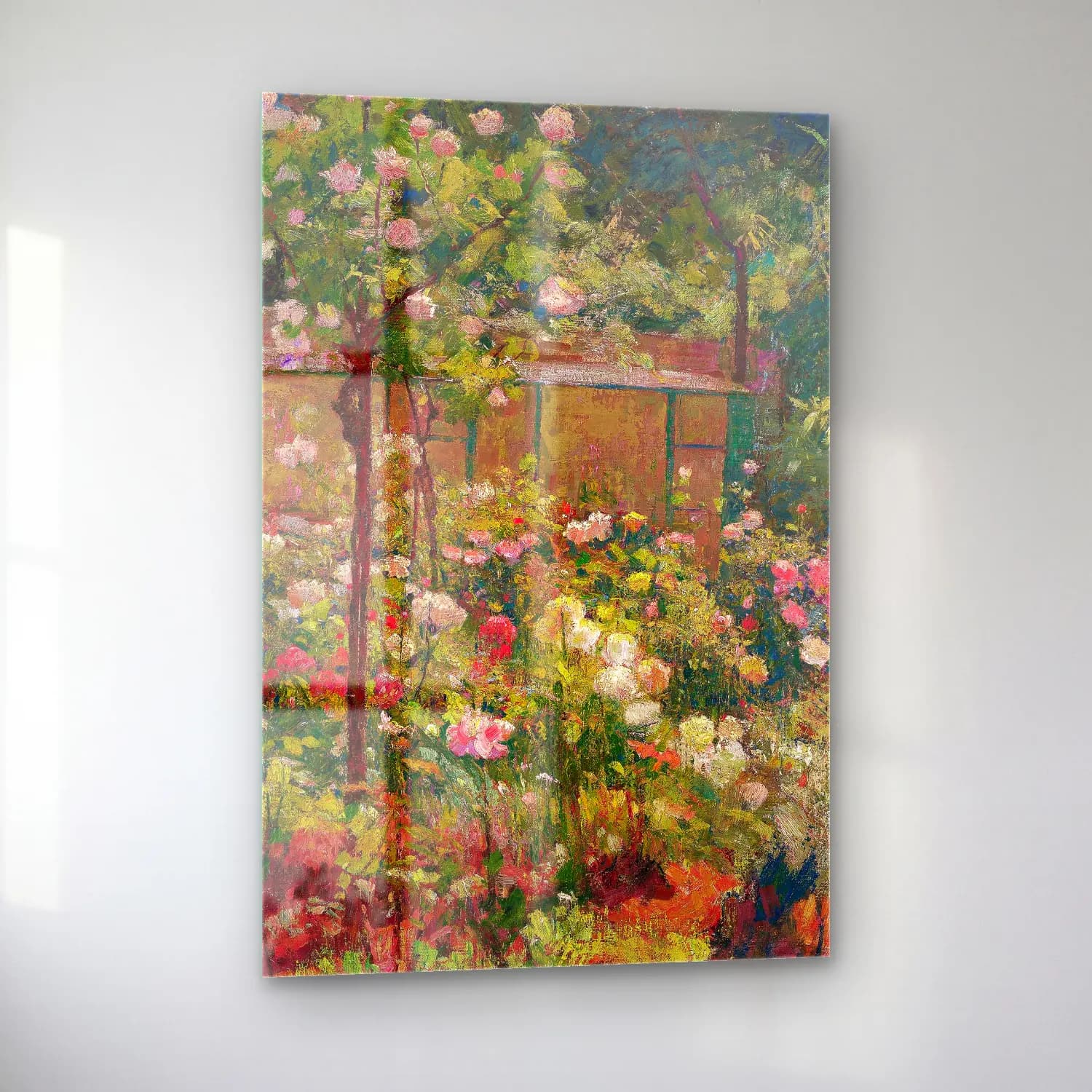 Robert William Vonnoh – Jardin en Fleurs (circa 1890) – Pastel Tonlar cam tablo — sol açıdan görünüm