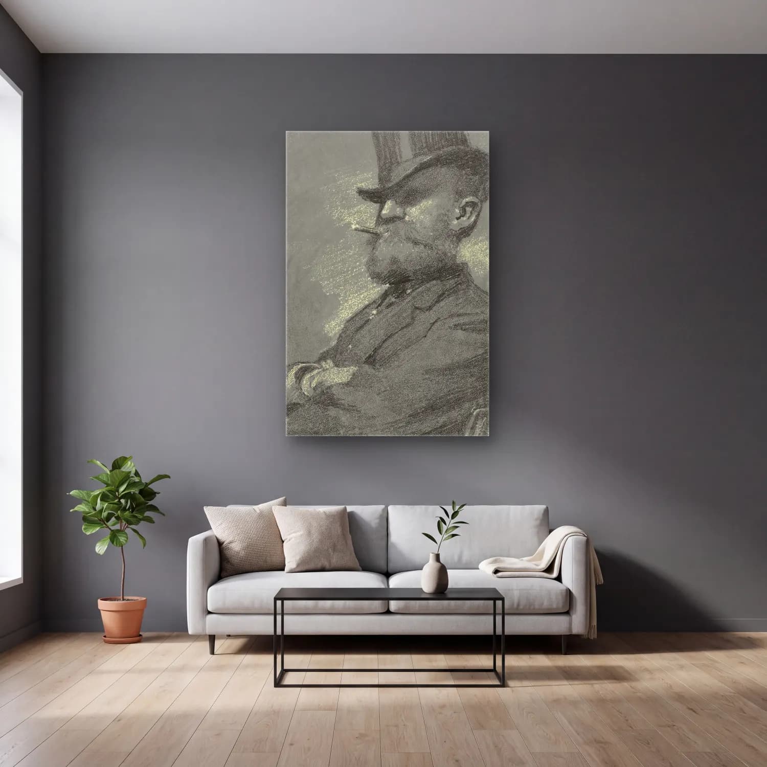 Robert William Vonnoh – Man in Top Hat, Smoking a Cigar (late 19th century) – Pastel Tonlar cam tablo — gri duvarlı salonda