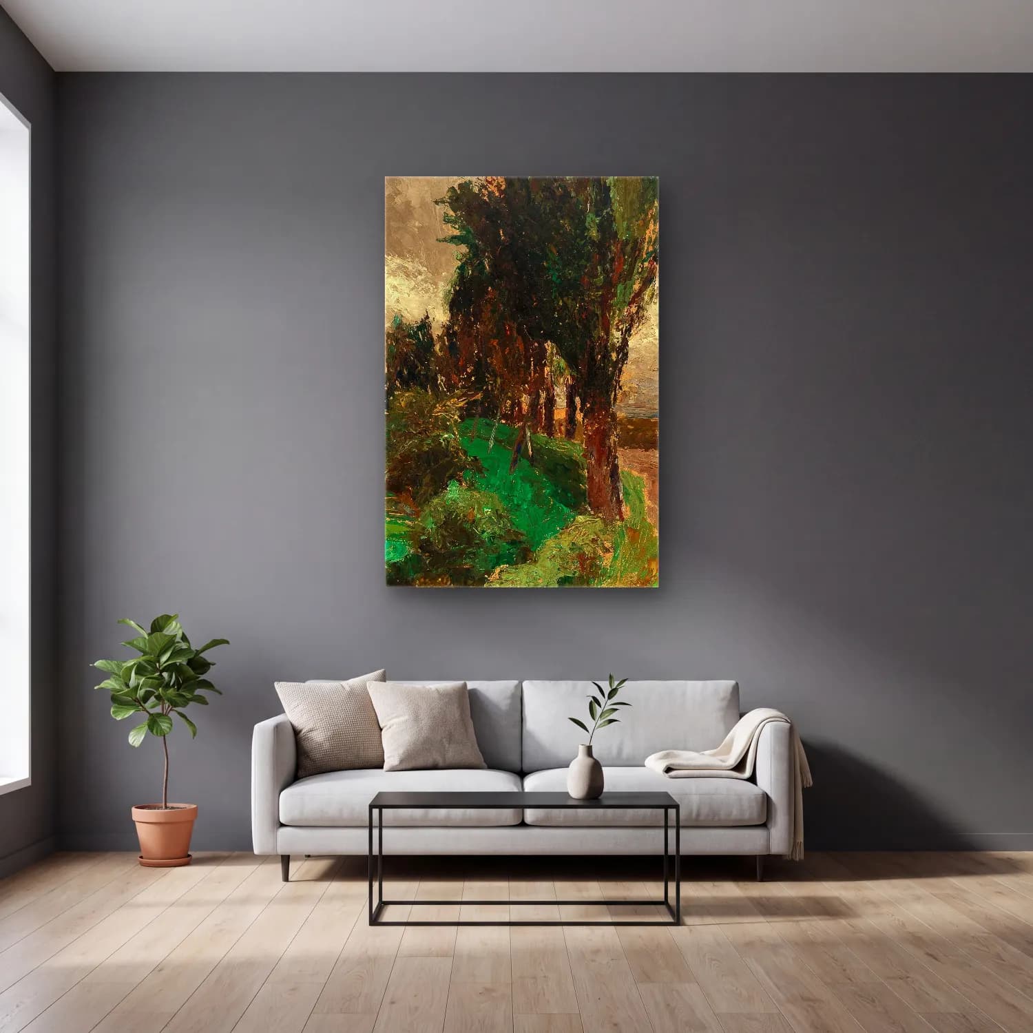 Olga Wisinger-Florian – Avenue of Poplars cam tablo — gri duvarlı salonda