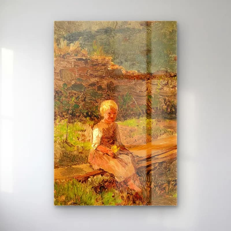 Olga Wisinger-Florian – Child Sitting on a Wooden Walkway cam tablo — Olga Wisinger-Florian – Child Sitting on a Wooden Walkway — empresyonist kız çocuğu portresi