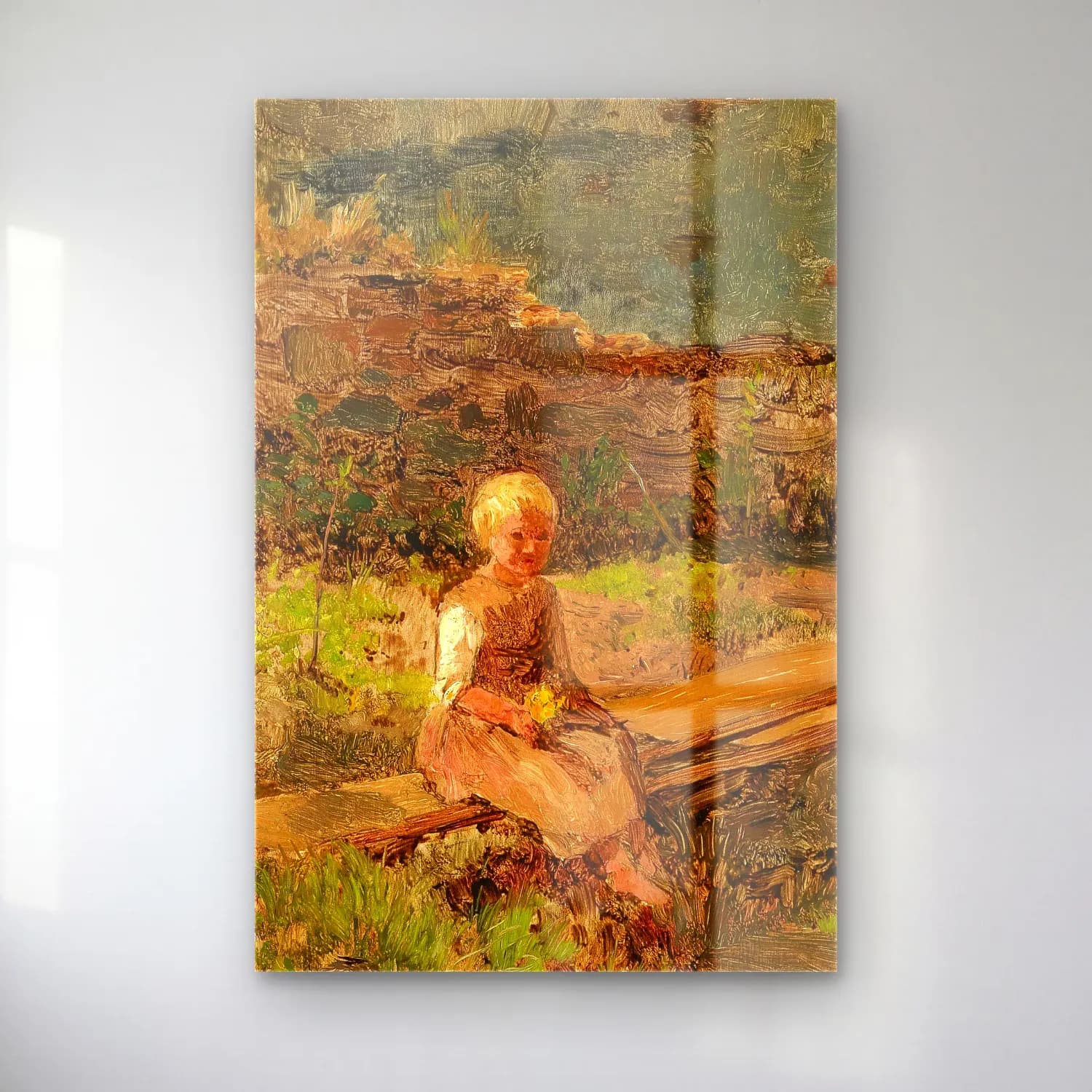 Olga Wisinger-Florian – Child Sitting on a Wooden Walkway cam tablo — Olga Wisinger-Florian – Child Sitting on a Wooden Walkway — empresyonist kız çocuğu portresi
