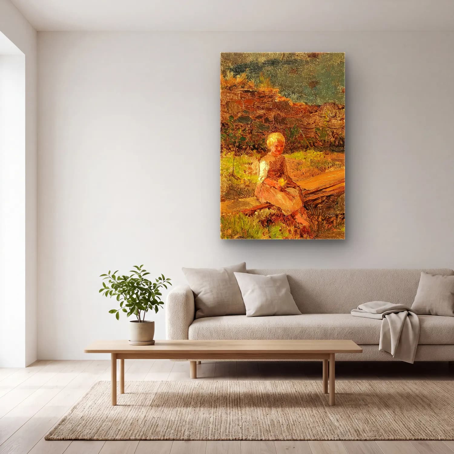 Olga Wisinger-Florian – Child Sitting on a Wooden Walkway cam tablo — açık renk salonda