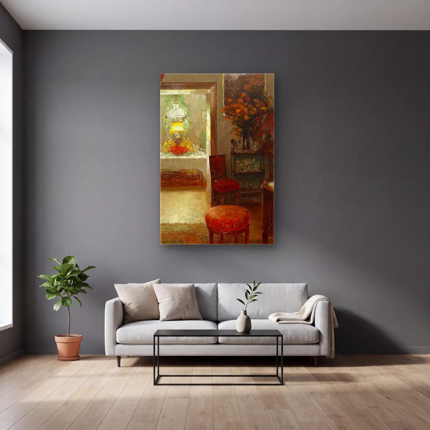 Olga Wisinger-Florian – Interieur mit festlich gedecktem Tisch cam tablo — gri duvarlı salonda