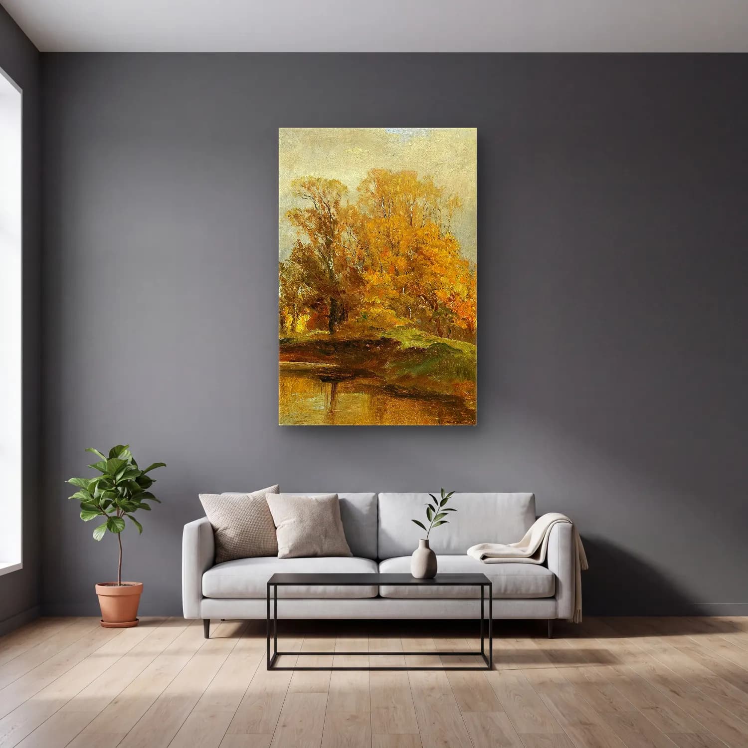 Olga Wisinger-Florian – Landscape Study cam tablo — gri duvarlı salonda