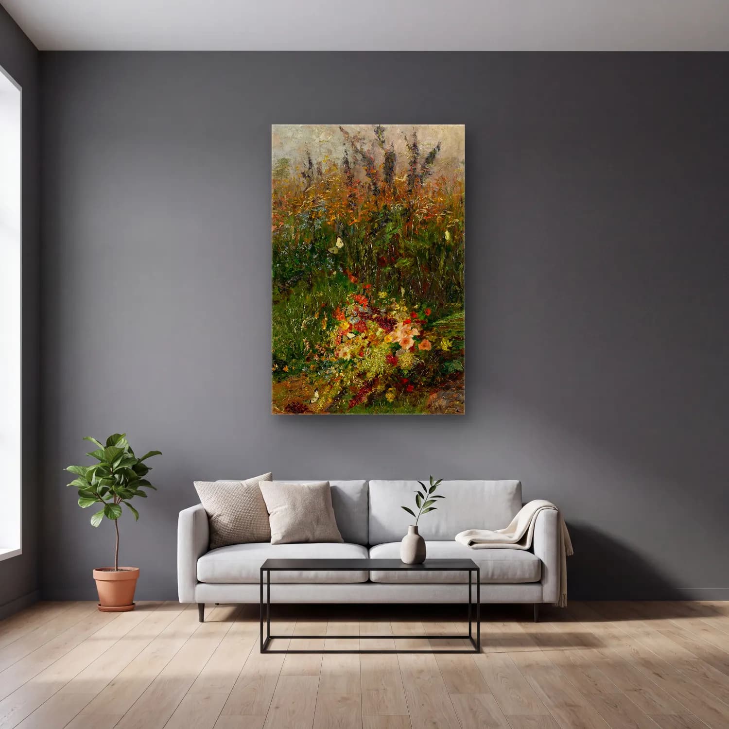 Olga Wisinger-Florian – Summer Flowers of the Field cam tablo — gri duvarlı salonda