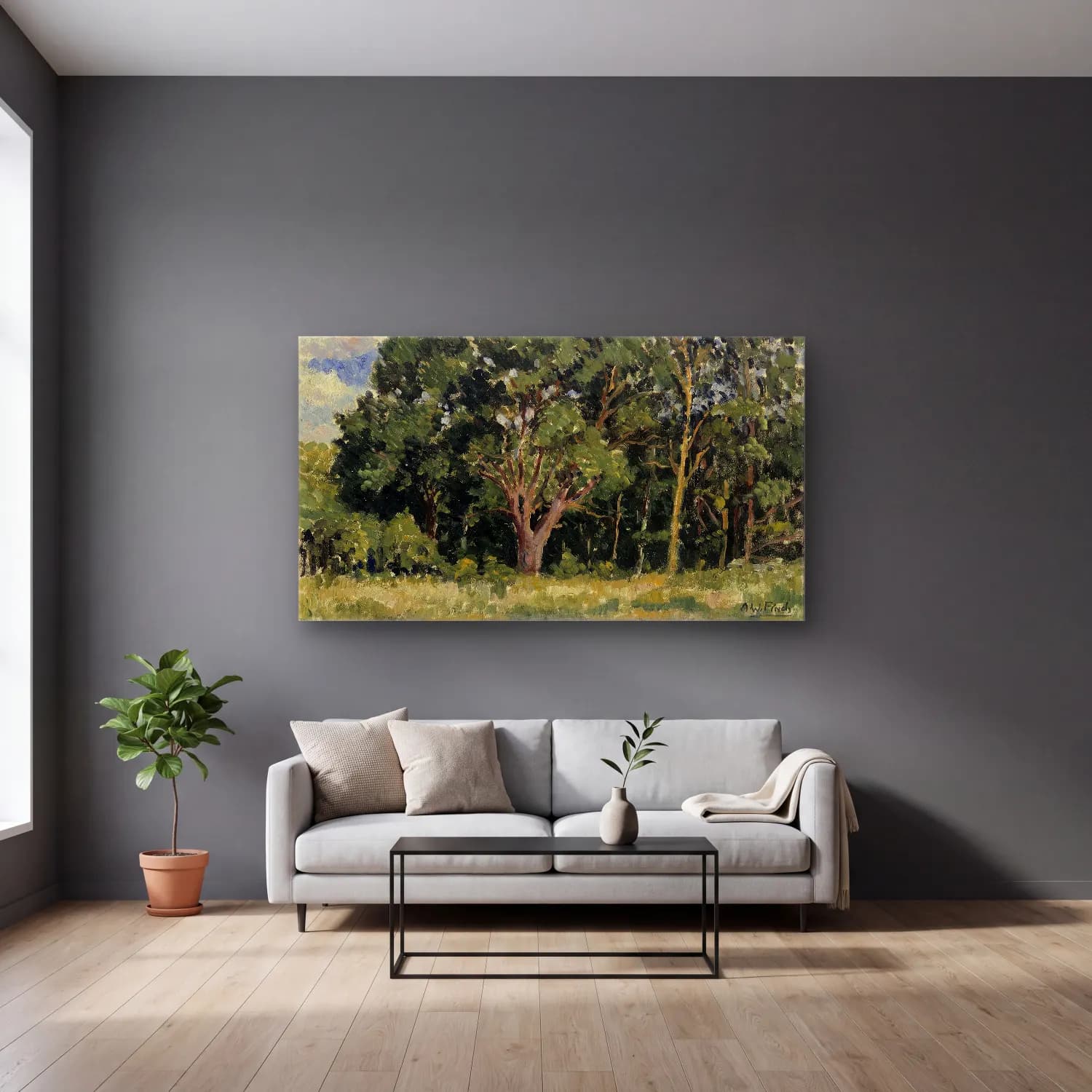 Alfred William Finch – Wood cam tablo — gri duvarlı salonda