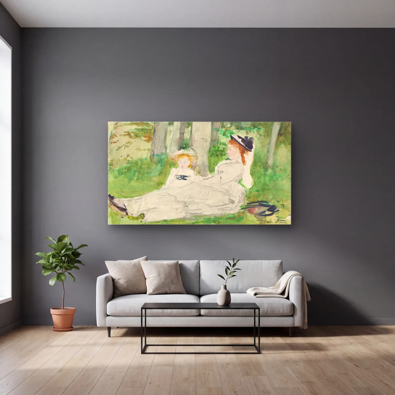 Berthe Morisot – At the Edge of the Forest cam tablo — gri duvarlı salonda