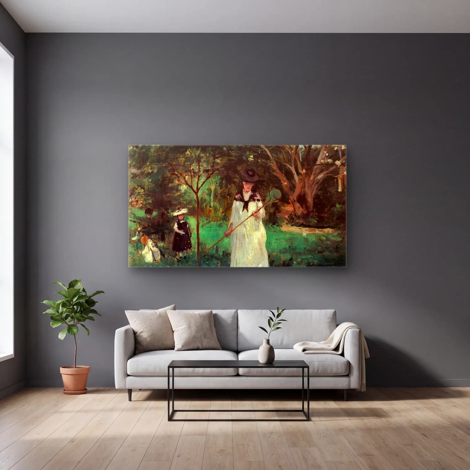 Berthe Morisot – Butterfly hunting cam tablo — gri duvarlı salonda