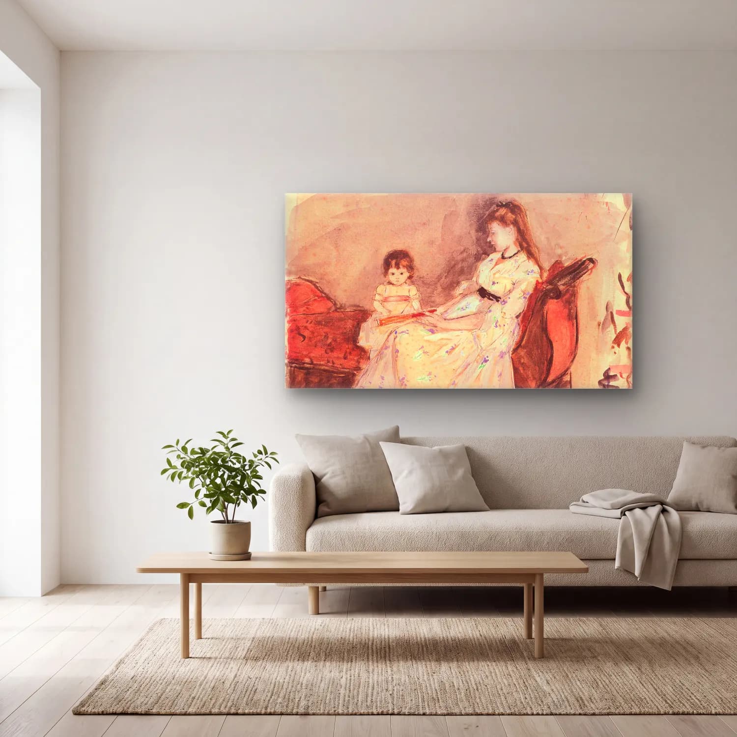 Berthe Morisot – Edma, the sister of the artist with her daughter cam tablo — açık renk salonda