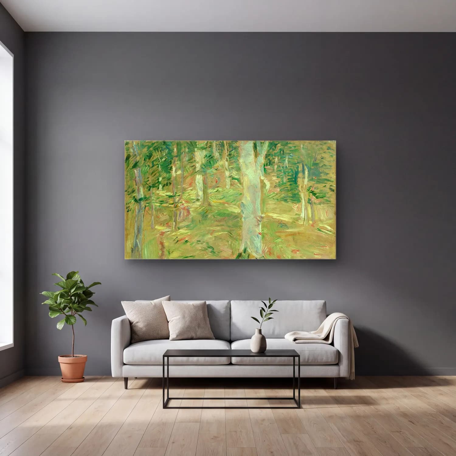 Berthe Morisot – Forêt de Compiègne – Yeşil Tonlar cam tablo — gri duvarlı salonda