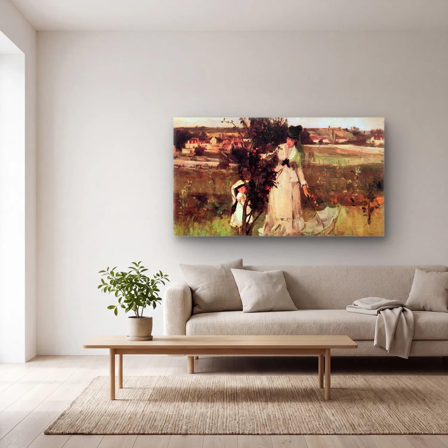 Berthe Morisot – Hanging the Laundry out to Dry-Morisot cam tablo — açık renk salonda