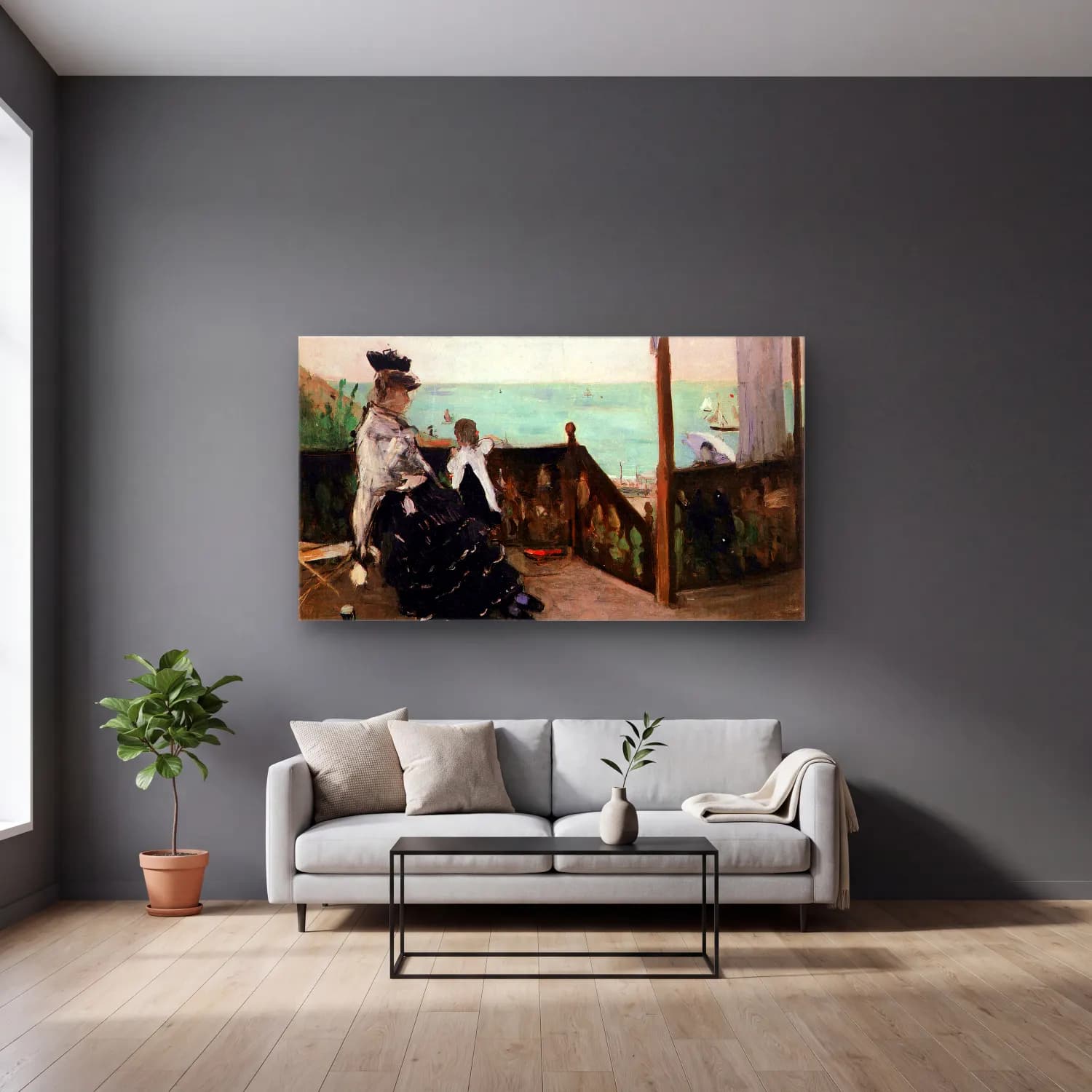Berthe Morisot – In a villa on the beach cam tablo — gri duvarlı salonda