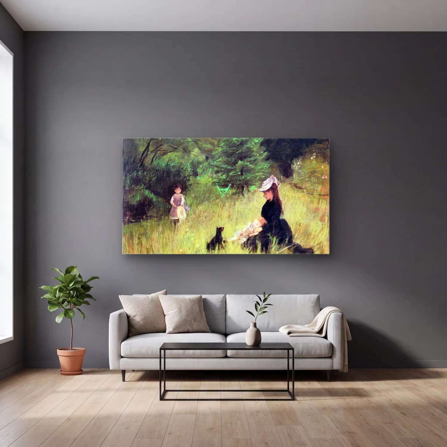 Berthe Morisot – In the Meadow cam tablo — gri duvarlı salonda