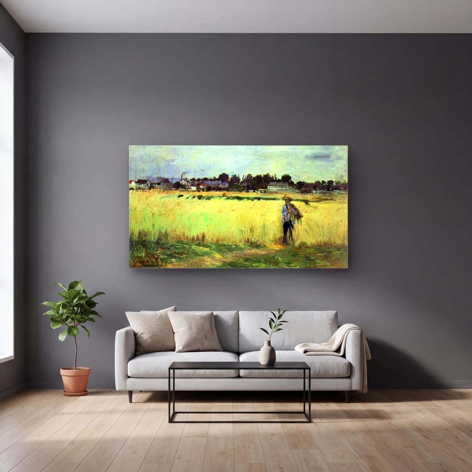 Berthe Morisot – In wheat field cam tablo — gri duvarlı salonda