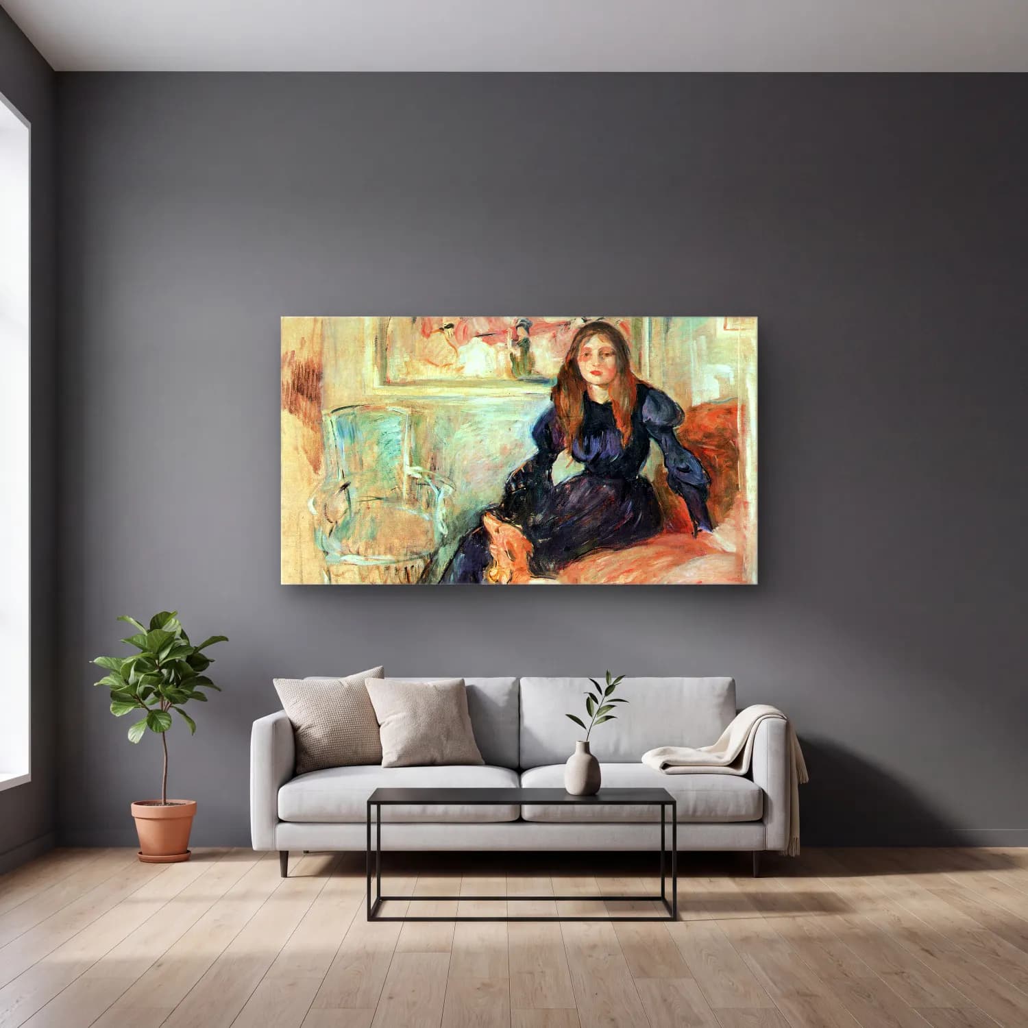 Berthe Morisot – Julie Manet and her greyhound Laertes cam tablo — gri duvarlı salonda