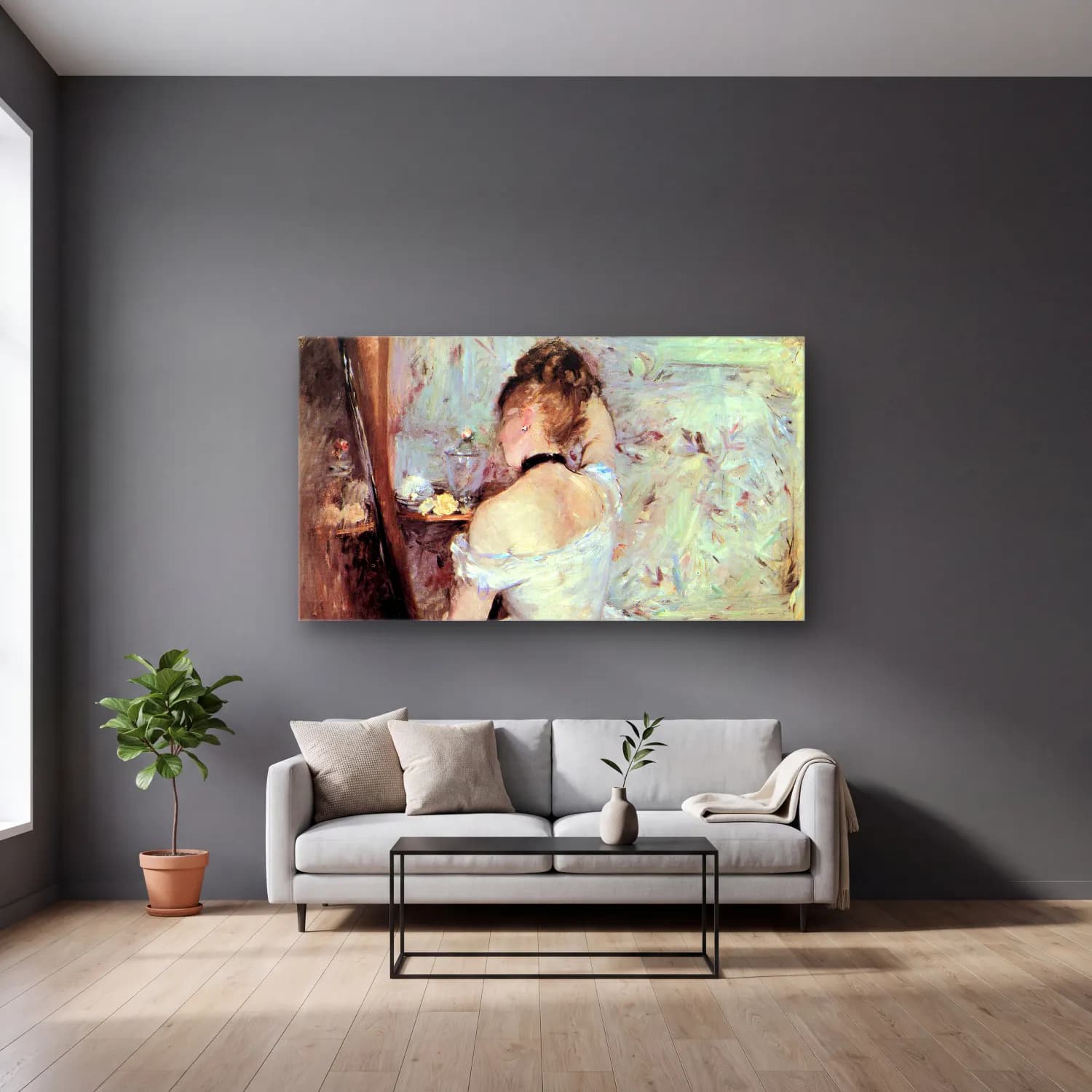 Berthe Morisot – Lady in the Toilet cam tablo — gri duvarlı salonda