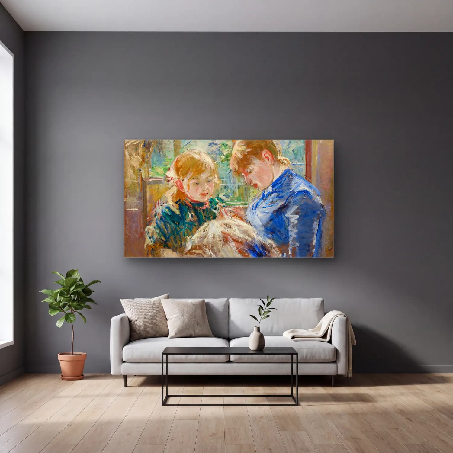 Berthe Morisot – The Artist s Daughter, Julie, with her Nanny cam tablo — gri duvarlı salonda