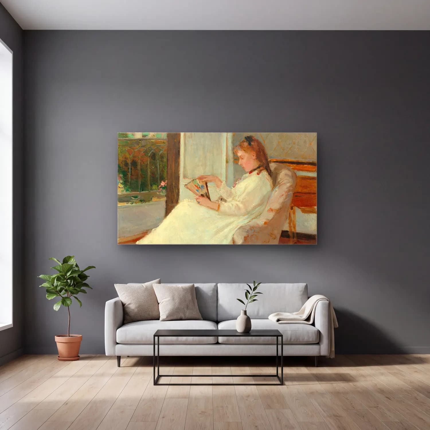 Berthe Morisot – The Artist s Sister at a Window cam tablo — gri duvarlı salonda