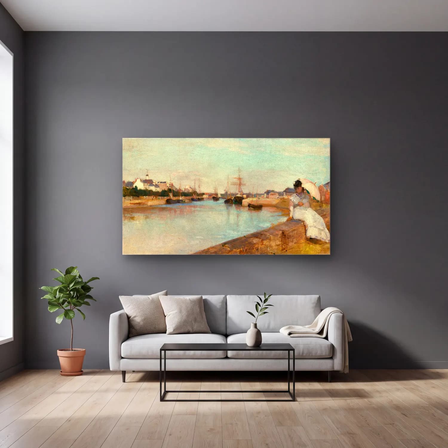 Berthe Morisot – The Harbor at Lorient – Bej Tonlar cam tablo — gri duvarlı salonda