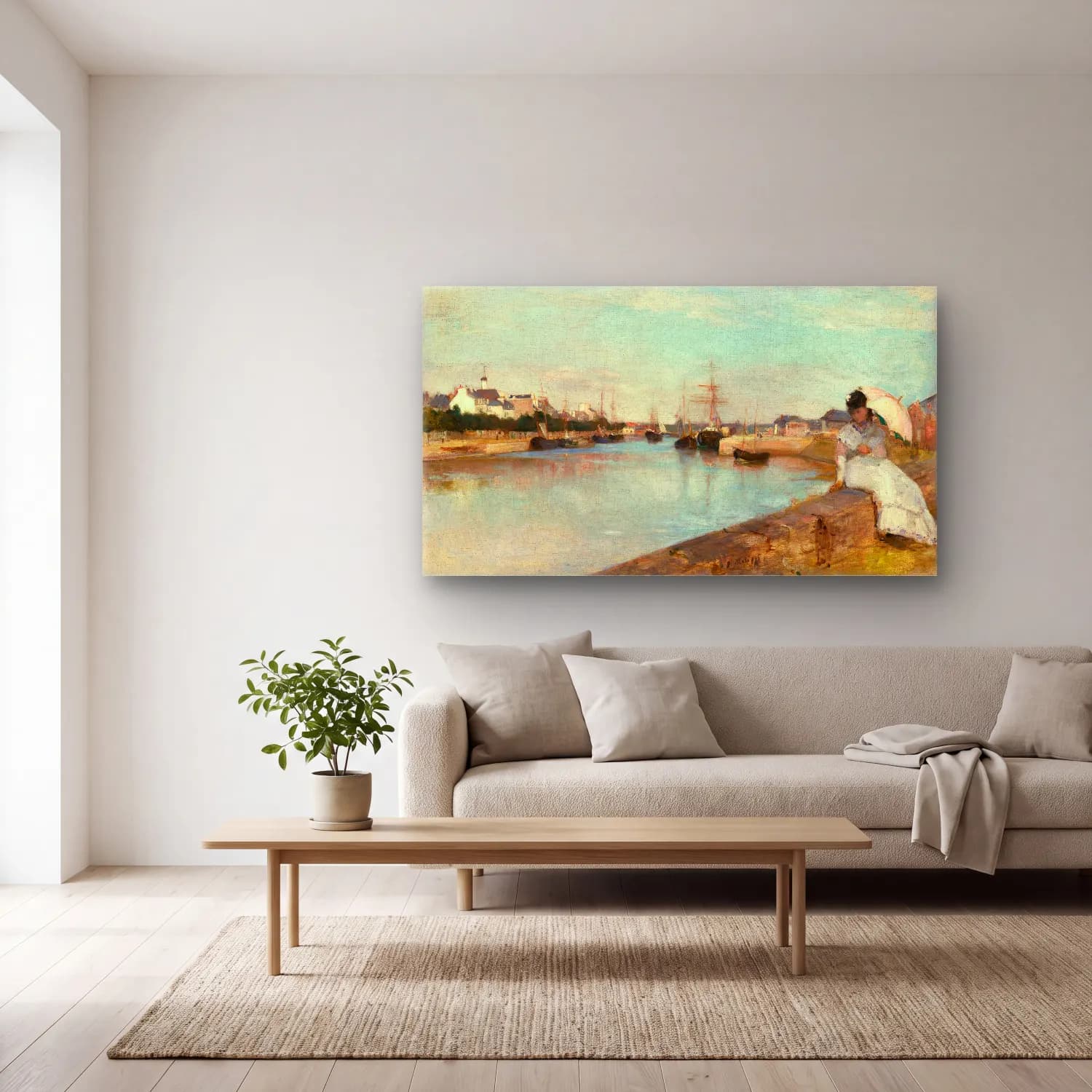 Berthe Morisot – The Harbor at Lorient – Bej Tonlar cam tablo — açık renk salonda