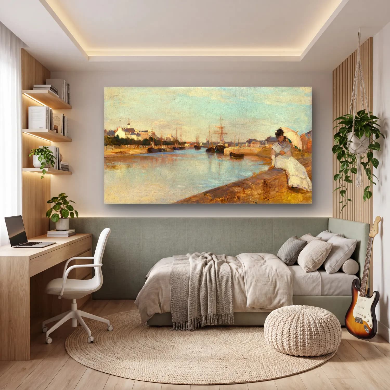 Berthe Morisot – The Harbor at Lorient – Bej Tonlar cam tablo — genç odasında