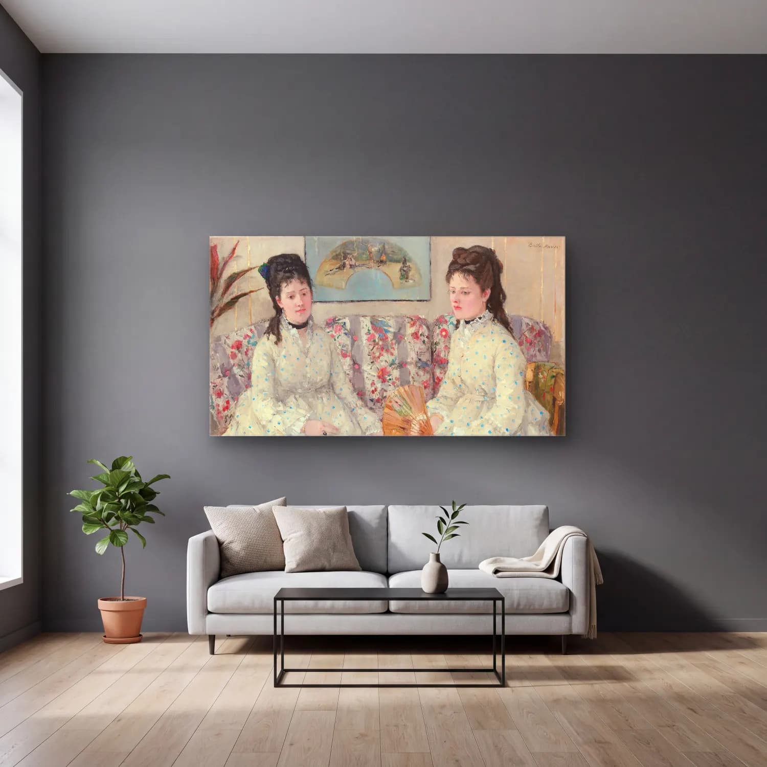 Berthe Morisot – The Sisters cam tablo — gri duvarlı salonda