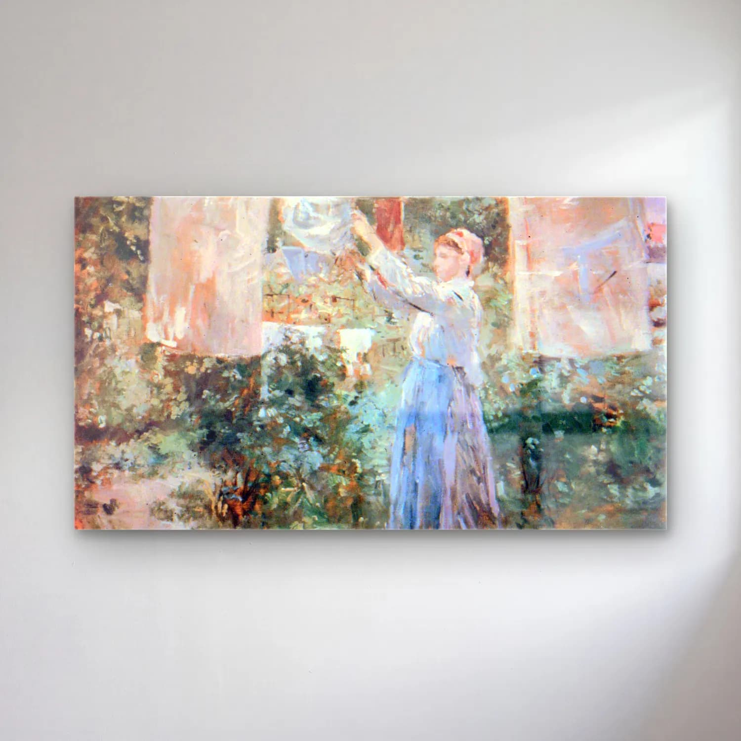 Berthe Morisot – The farmer hanging laundry cam tablo — Berthe Morisot – The farmer hanging laundry — empresyonist elbiseli kadın