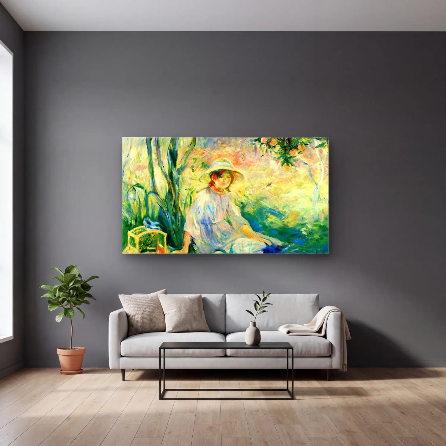Berthe Morisot – Under the Orangetree cam tablo — gri duvarlı salonda