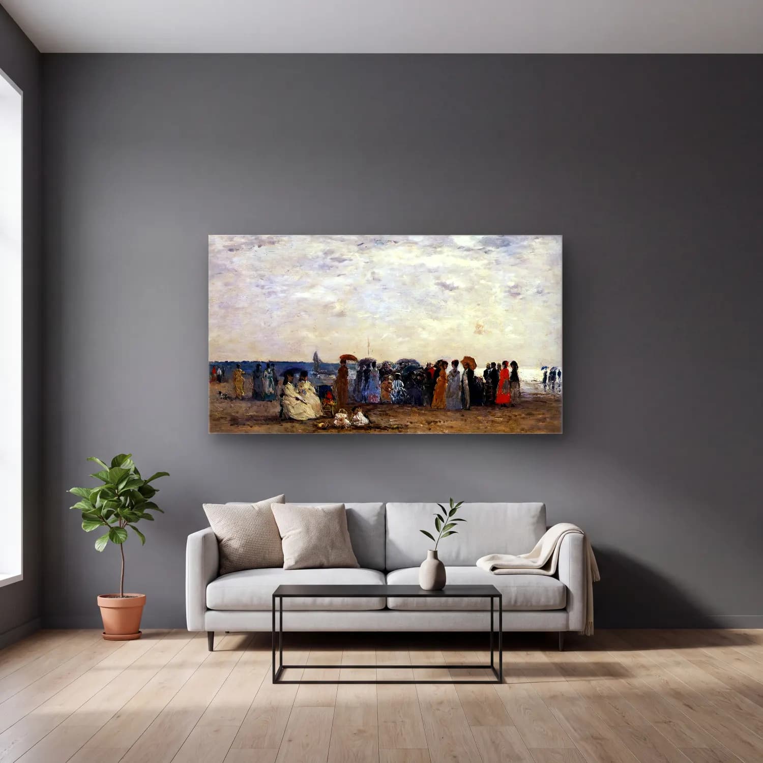 Eugène Boudin – Bathers on Trouville Beach cam tablo — gri duvarlı salonda