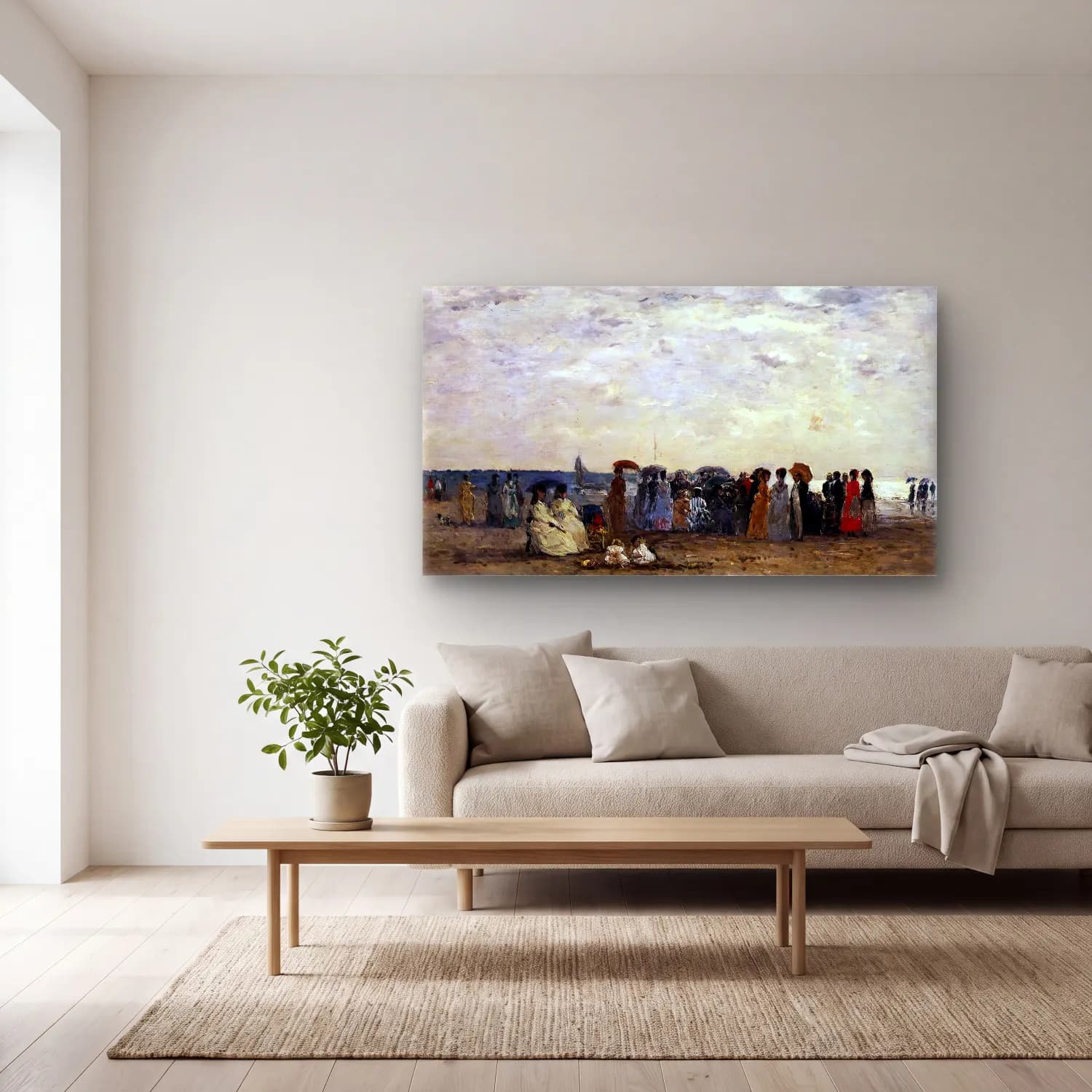 Eugène Boudin – Bathers on Trouville Beach cam tablo — açık renk salonda