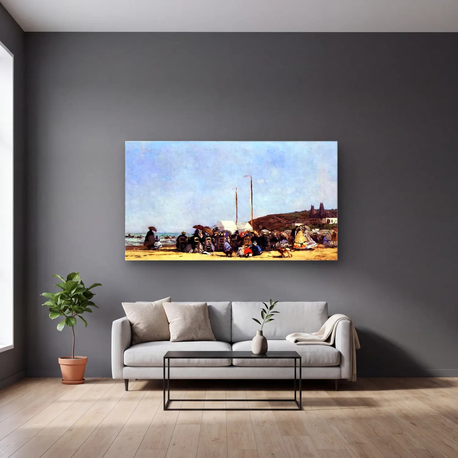 Eugène Boudin – Beach Scene, Trouville cam tablo — gri duvarlı salonda